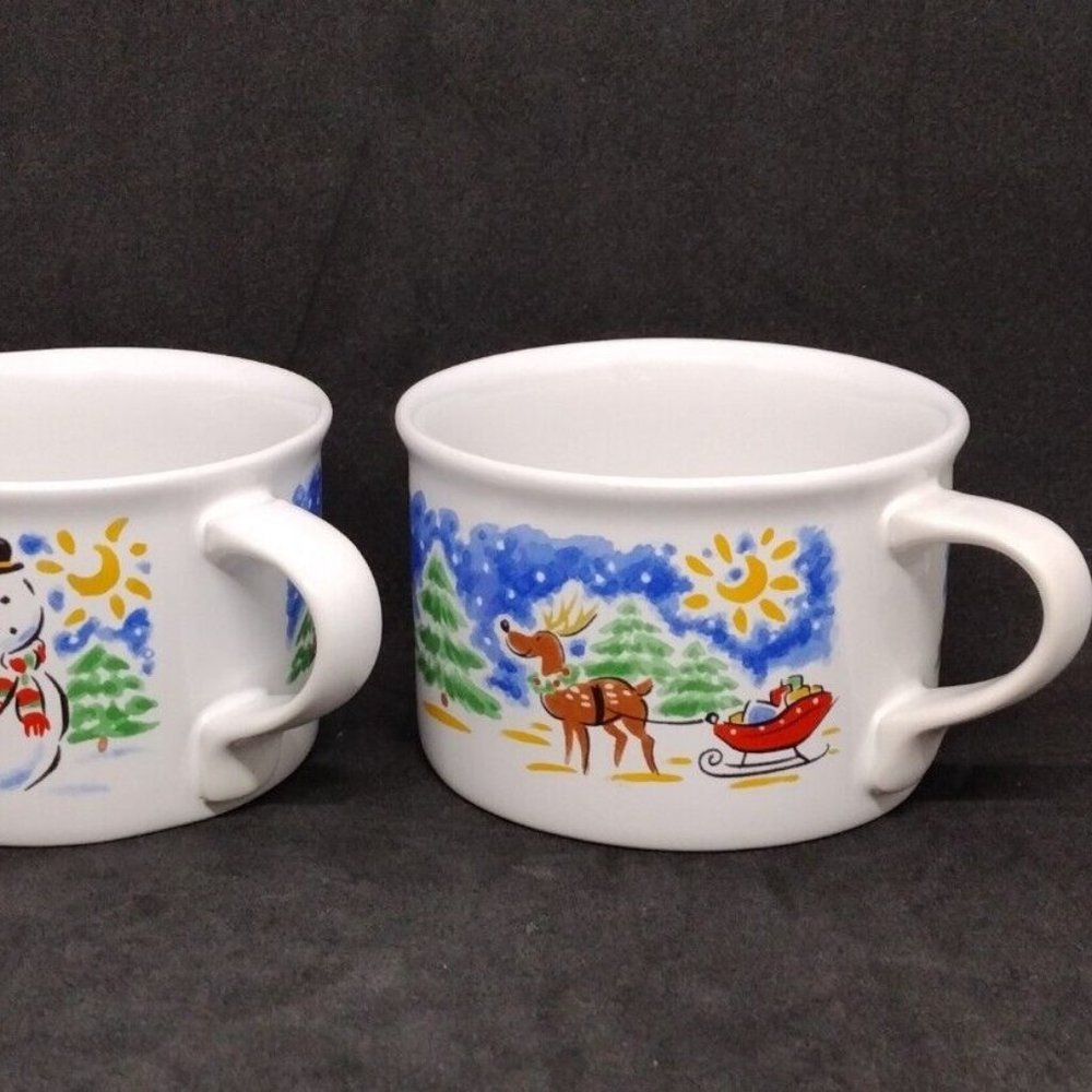 2 Studio Nova Christmas Cocoa Mugs Wide Mouth Soup Mug Reindeer & Snowman